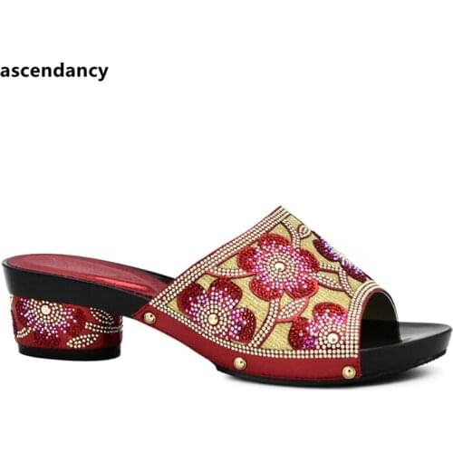 New Red Rhinestone Women Wedding Shoes High Quality African Paty Shoes Open Toe Sexy Ladies Shoes Italian Women Wedding Pumps