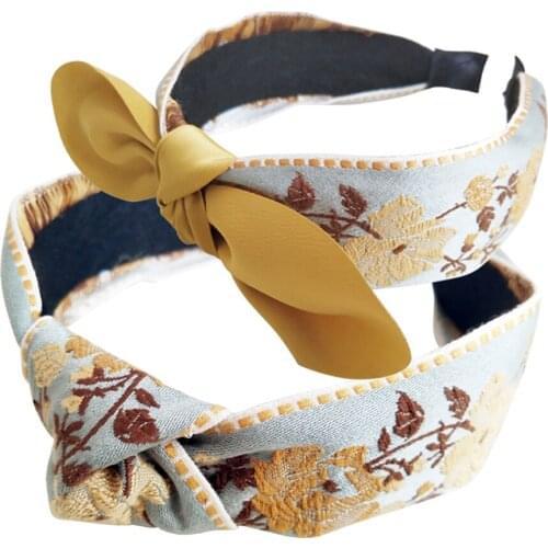 Embroidery Bow Headband for Women Flower Knotted Hairband Girls Bezel Korean Retro Head Hoop Fashion Hair Accessories