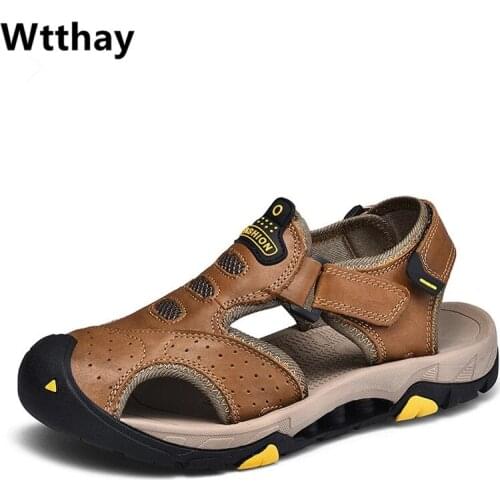 Mens Soft Beach Shoes Summer Men Outdoor Genuine Leather Sandals Walking Breathable Slippers Lightweight Outside Shoes Wtthay