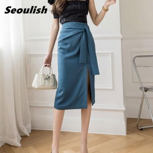 Seoulish Summer 2021 New Irregular Wrap Midi Skirts Lace Up Womens High Waist Female A-Line Side Split Office Skirts Lady
