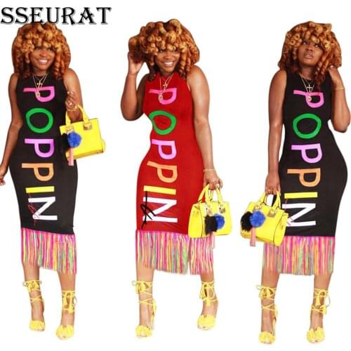 SSEURAT Colorful Letters Print Tassel Midi Dress with Signature Women Sleeveless Bodycon Vest Club Dresses Casual Long T-shirt