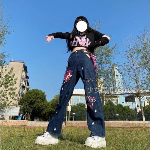 Spring Autumn Fashion Gothic Hollow Out Splicing Trousers Hot Girl Streetwear Fashion Sexy Punk High Waist Jeans Pant