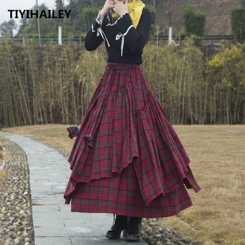 TIYIHAILEY Free Shipping New Long Maxi A-line Elastic Waist Women Plaid Chinese Style S-2XL Cotton Irregular Big Hem Red Skirts