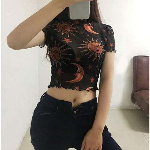Women Sexy Mesh Tshirt Wrapped Wooden Ear Perspective Tshirt High Street Printing Fashion Women Tshirt Poleras Mujer #W5