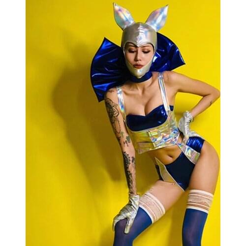 Women Gogog Dance Performance Outfit DJ Wear Rabbit Ear Headdress Laser Blue Bikini Nightclub Rave Party Cosplay Costume VDB3444