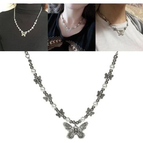 1 Pc Gothic Butterfly Pendant Necklace for Women Choker Aesthetic Hippop Pearl Chain Collar Jewelry Gift