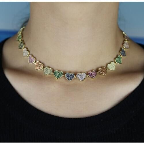 2021 summer new fashion women Sweet Love Heart necklace with colorful rainbow cz multi piece heart charm valentines day jewelry