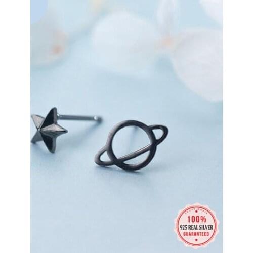 100% 925 Sterling Silver Jewelry Fashion Cute Tiny Black Asymmetric Universe Star Stud Earrings For Daughter Girls DS198