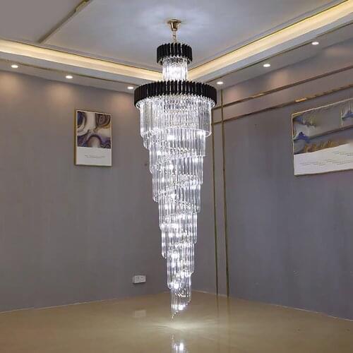 Large Top Long Crystal Led Chandeliers Hotel Hall Living Room Luxury Multi-layer Staircase Lighting Black Stainless Steel Light
