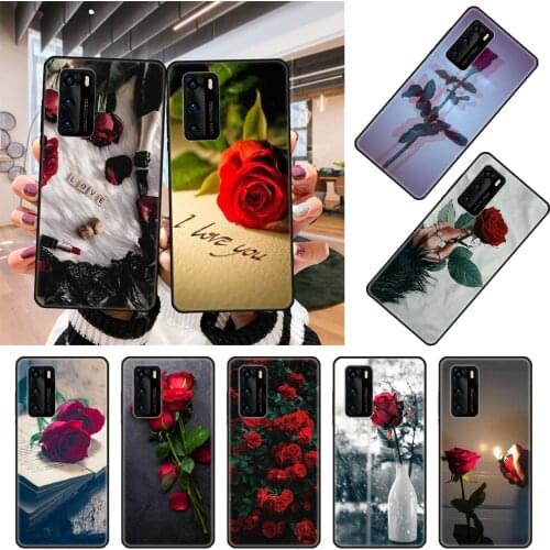 Phone Case For Huawei P20 P30 P40 P Smart Z 2019 P10 Mate 30 10 20 Lite Pro Black Cover Back Luxury Hoesjes Tpu Funda Red Rose