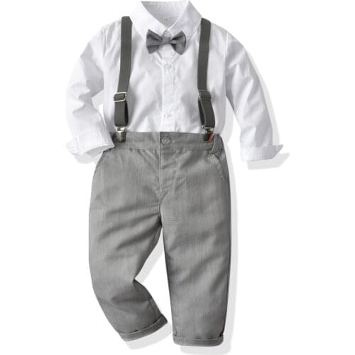 Toddler Kids Clothes Long Sleeve White Shirt + Grey Pants Infant Boys Suit Set 4 Pieces Children Fall Formal Costume Kits
