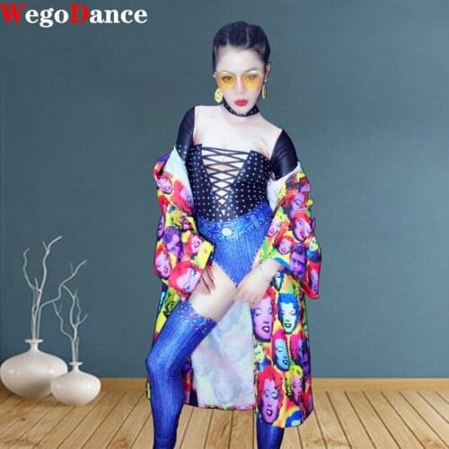 Spandex Printed Stretch Jumpsuit Rhinestones One Piece Bodysuit Costume Stage Outfit Singer Dancer Performance Rompers