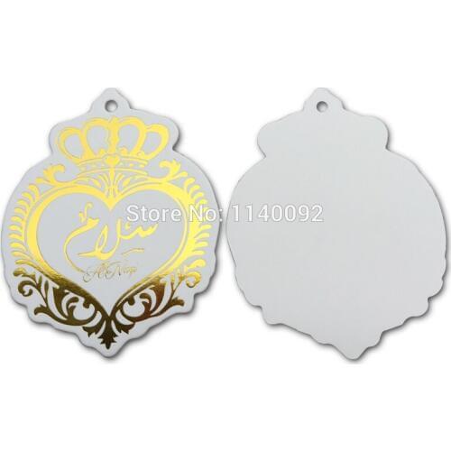 Customized clothing shape cutting paper tags/golden stamping labels/garment printed hang tags/brand printing dress t-shirt label