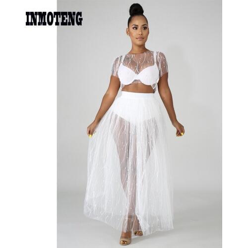 INMOTENG INS Summer Beach 2 Piece Sets Beading Crop Tops See Through Mesh Skirts Suit 2 Piece Outfits Two Piece Clubwear outfits