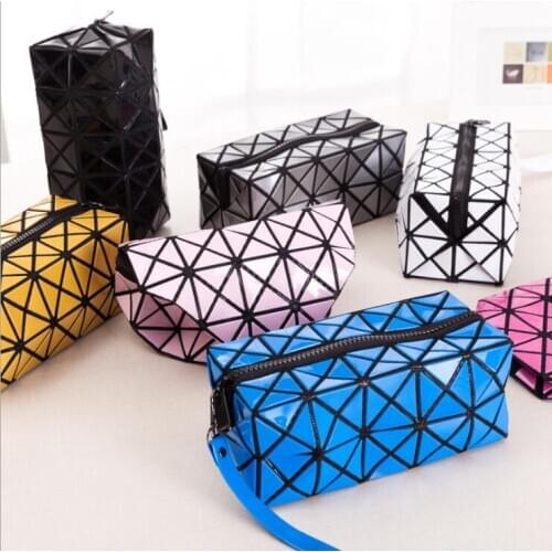 Makeup Bag Fashion Portable Folding Package PU Leather geometric cosmetic bag Zipper bag for makeup Womens cosmetic bag case