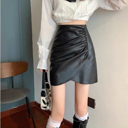 Mini Leather Skirts Womens 2021 Korean Fashion Sexy High waist Sheepskin Skirt