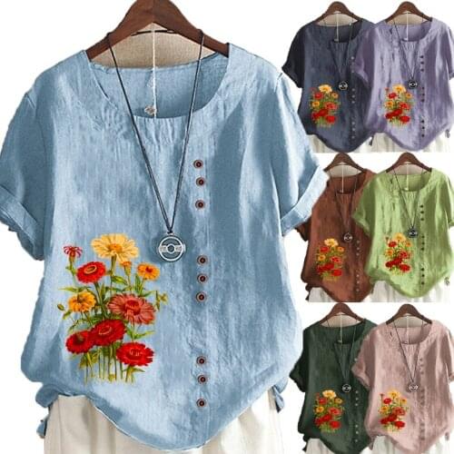 Summer Womens Floral Printed Short Sleeve Round Neck T-shirt Ladies Casual Linen Shirts Plus Size Blouse Tops S-5XL