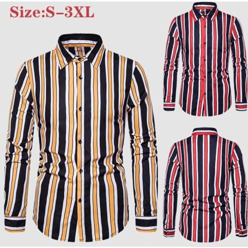 Mens Long Sleeved Shirt Turn Down Collar Stripped Print Cardigan Shirt Casual Slim Type Single Breasted Tops for Youth
