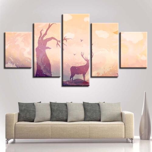 Wall Art 5 Panel Deer Tree Home Decor Abstract Painting Canvas Poster Landscape For Living Room Modern Printed Pictures Frame