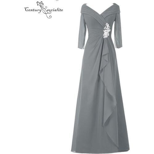 Gray Plus Size Mother of the Bride Dress With Sleeves Appliques Pleats Floor Length Chiffon Long Mother Evening Dresses 2020