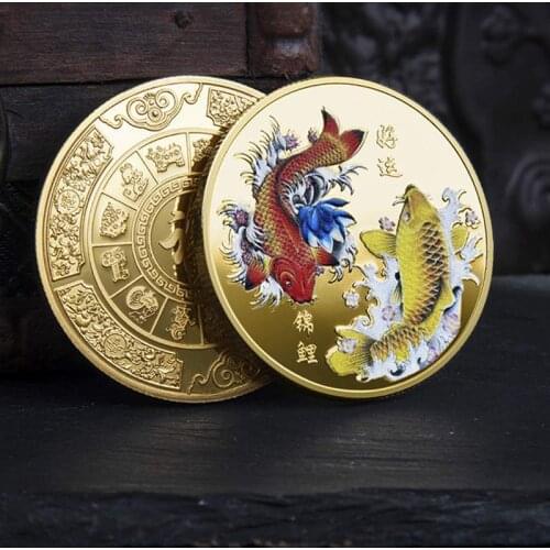 Good Luck To You Chinese Fu Koi Commemorative Coin Color Carp Medal Gold Silver Coin Metal Craft Badge Gift
