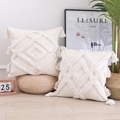 Tufted Throw Pillow Case With Tassel white Handmade Sofa Cushion Cover Living Room fall Decoration Geometric Waist PillowCase