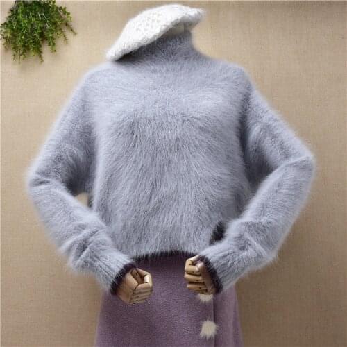 Female women fashion winter clothing hairy mink cashmere knitted short loose crop pullover angora fur winter jumper pull sweater