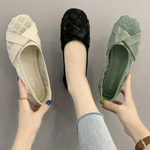 2021 new lace stitching womens shoes mesh breathable flat shoes womens pedal lazy shoes