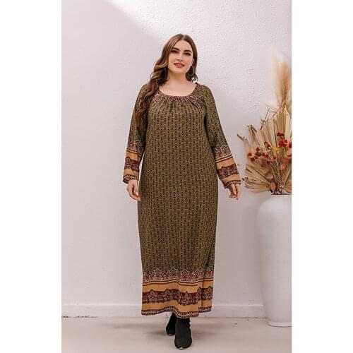 Plus Size Dresses Elegant 2021 4XL Fashion Round Neck Loose Retro Printing Elasticity Long Sleeve Ankle Casual Straight Slim