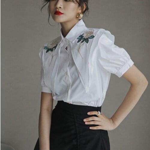 Embroidered Shirts Women Summer Short Sleeve Double Collar White Shirt Female Loose Design 2021 New Arrivals Z329