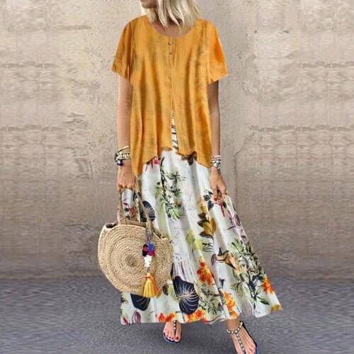 Women Vintage Print Patchwork Dresses O-neck Short Sleeve Dresses Fashion Summer Plus Size Maxi Dress Платья Для Женщин #G3