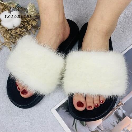 New Ladies Woven Slippers Real Mink Fur Simple Home Style Sandals Pu Material With Flat Bottom Women’s Shoes Fashion Furry 2021