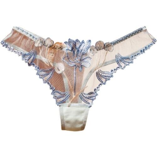 Women Sexy Hollow Out See Through Mesh G-String Lingerie Low Waist T-Back Thongs Underwear Floral Lace Embroidered Briefs