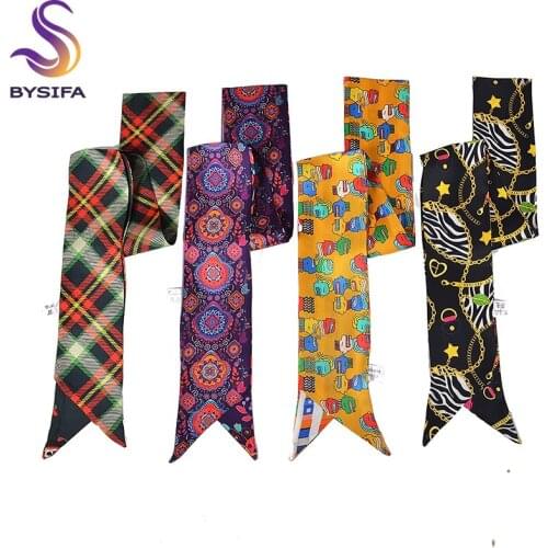 [BYSIFA] Brand Pure Silk Scarf Women Fashion Plaid Design Twill Small Long Neck Scarves Bag Handle Ribbons Waistband Headband