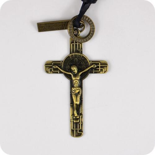 Saint Benedict Medal INRI JESUS Cross Pendant Leather Necklace Catholic Fashion Religious jewelry