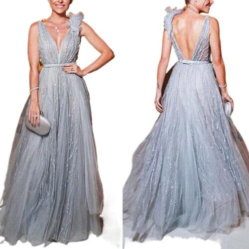 Summer New Fashion FanSexy V Neck Lace Mesh Backless Maxi Dress Women Boho Long Maxi Dress Grey Wedding Clothes