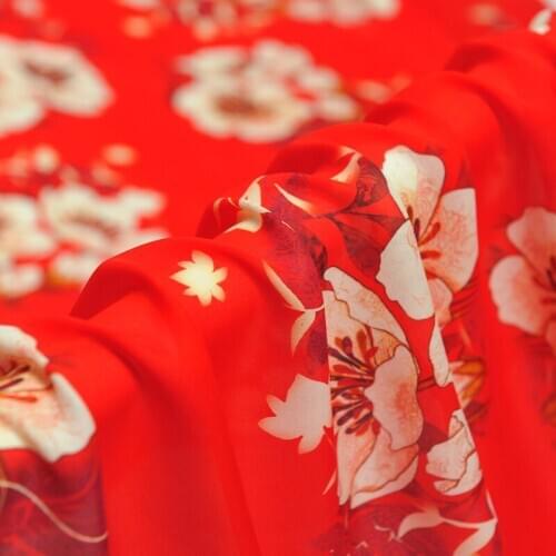 135CM Wide 16MM White Floral Print Orange Red Silk Fabric for Summer one-piece dress Shirt Clothes J242