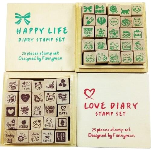 25 Pcs/set Lovely Clear wood Stamps Diary Pattern Stamp Rubber Wooden Box Cute DIY Writing Stamp Gift