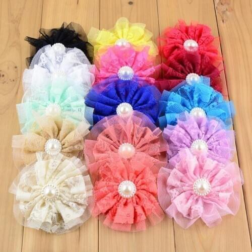 300pcs/lot Wholesale 3.94" Tulle Lace Flower With Pearl Rhinestone Single Floral Girls Hair Accessories Free Shipping