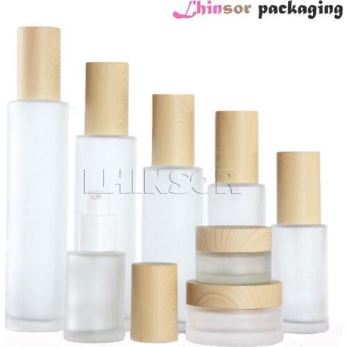 5pcs/lot Wood Grain Cover Frosted Glass Spray Press Pump Bottle Lotion Bottles Cream Jars Empty Cosmetic Packing Containers