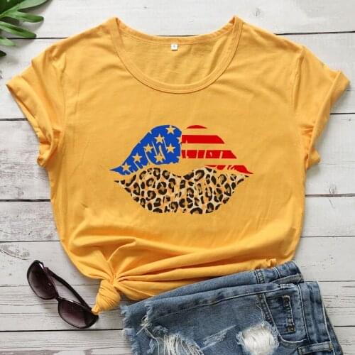 American flag lips Leopard T-shirt Independence Day Shirts holiday Style tees Summer style women aesthetic art vintage tees
