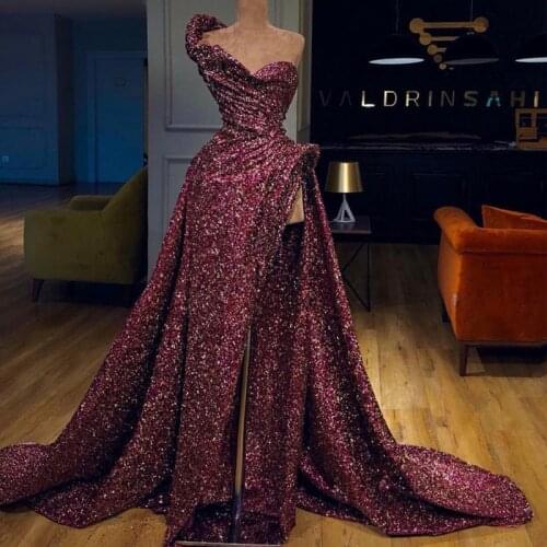 Sparkly Purple Evening Dresses Sequins One Shoulder Pleats Celebrity Prom Dress Backless Robes De Soirée Formal Party Gowns