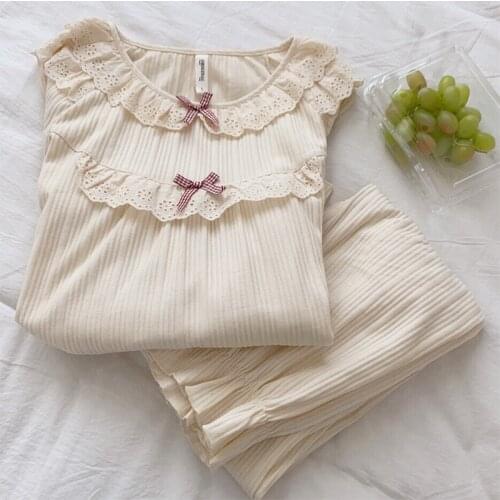 Vintage Women Pajamas Sets Princess Sweet Cotton Sleepwear Long Sleeve Cute Tops With Pants Nightgown Home Clothes Femme Pijama