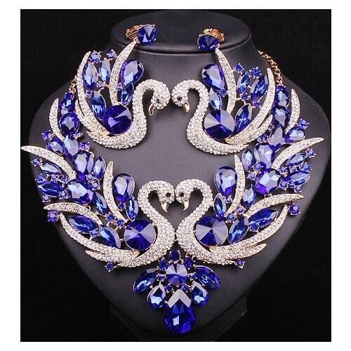 Fashion Blue Crystal Swan Bridal Jewelry Sets Big Statement Chunky Necklace Earrings set Party Wedding Costume Accessories Women