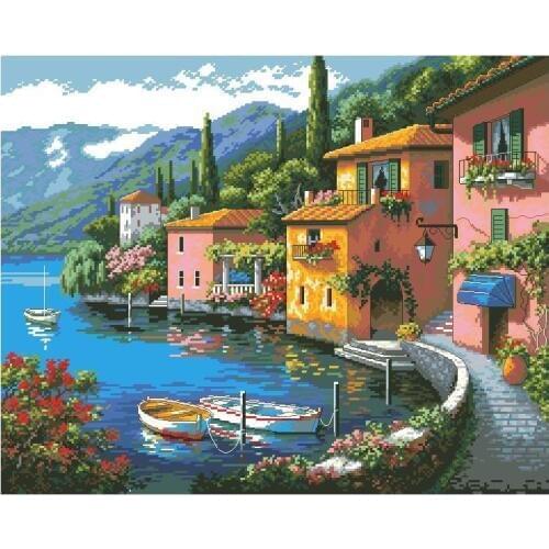 Top Quality Beautiful Counted Cross Stitch Kit Lakeside Village Town Home City Boat Port Lake Mountain dim 35285 70-35285