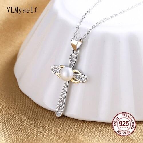 Real 925 Silver Cross Pendant With 6 mm Natural Freshwater Pearl/Shiny Zircon, 40-45cm O Chain OL Elegant Fine Jewelry