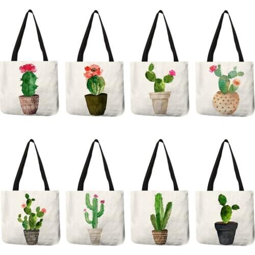 Popular Pattern Women Totes Flowered Potted Cactus Prints Shoulder Bag Eco Linen Practical Casual Shopping Handbag for Girls