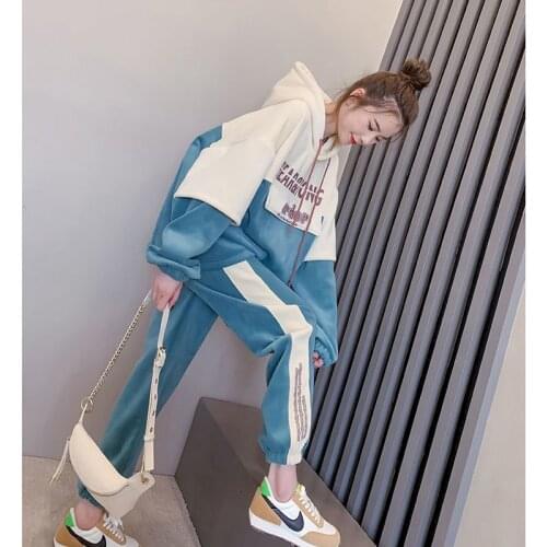 Casual Sports Women Hoodies Set Hooded Sweatshirt Set Two-piece Suit Net Celebrity Fried Street Fashion Spring Autumn Suit Retro