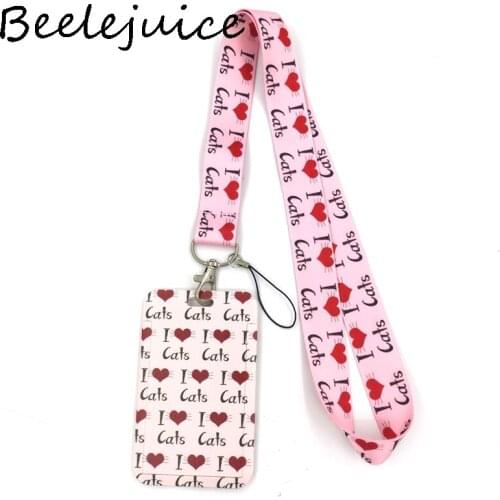 I Love Cat Funny Lanyard Credit Card ID Holder Bag Student Women Travel Card Cover Badge Car Keychain Gifts Accessories