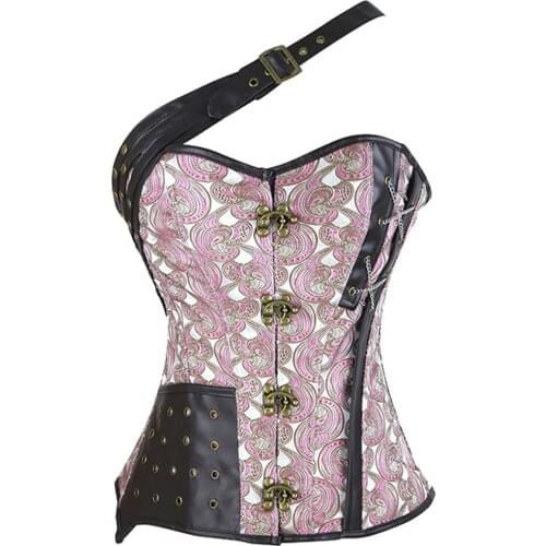 Sexy Womens Steampunk Retro Overbust Corset Faux Leather Boned Lace up Halter Bustier Waist Trainer Gothic Costume Black Pink